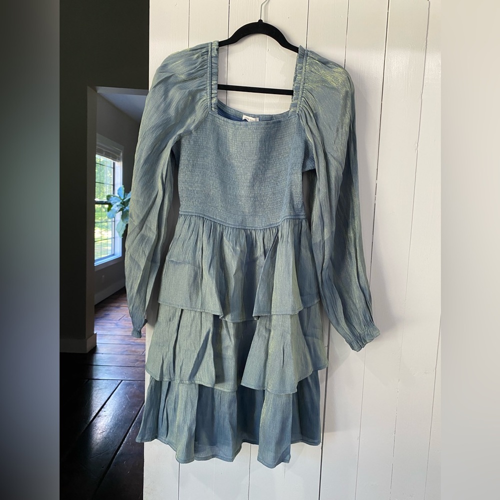 Blu Pepper Green Tiered Sundress with Bishop Sleeves